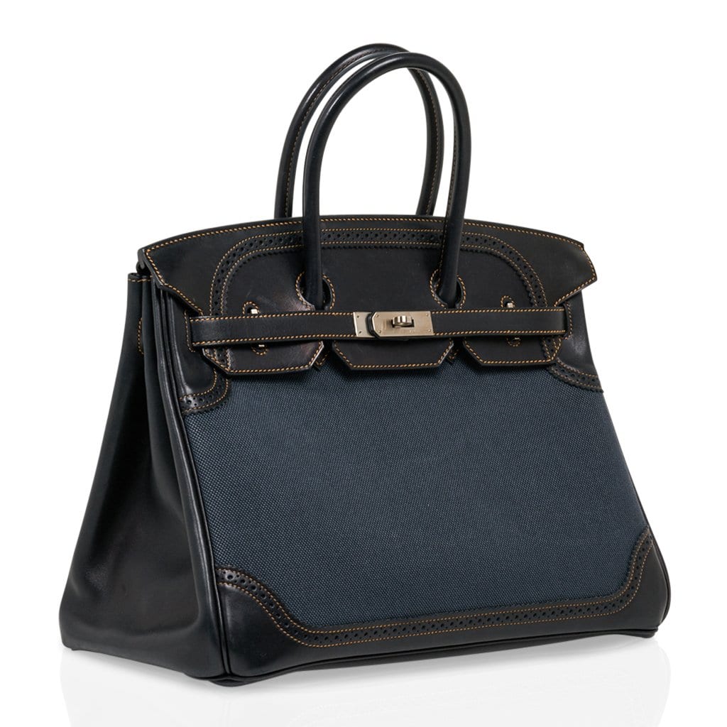 Birkin 35 Ghillies Denim Fonce Canvas / Black Evercalf Bag Limited Edition