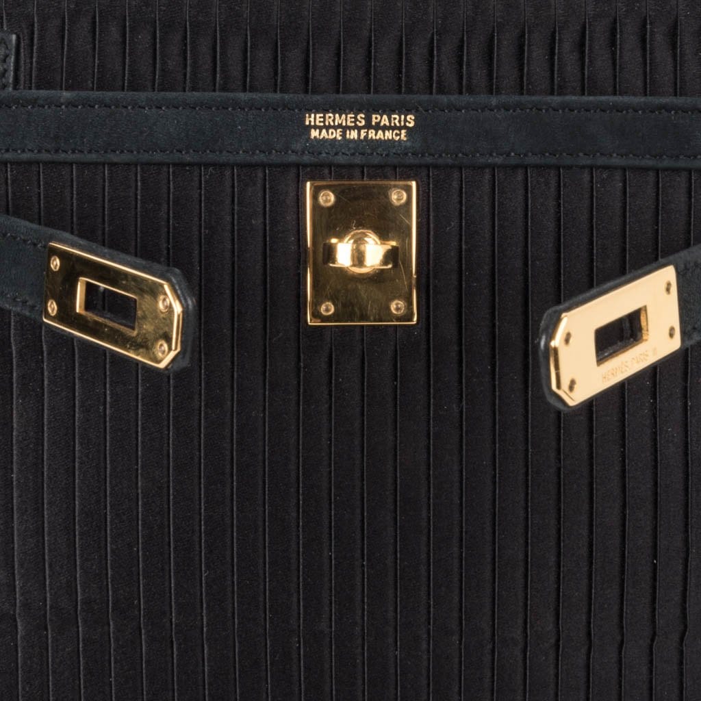 Kelly 20 Mini Vintage Bag Black Pleated Silk Suede Trim Gold Hardware