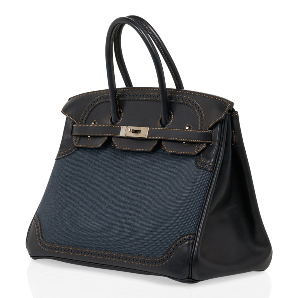 Birkin 35 Ghillies Denim Fonce Canvas / Black Evercalf Bag Limited Edition