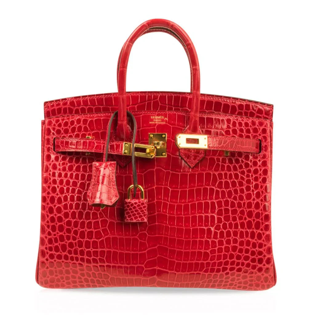 Birkin 25 Bag Red Braise Porosus Crocodile Gold Hardware Lipstick Red
