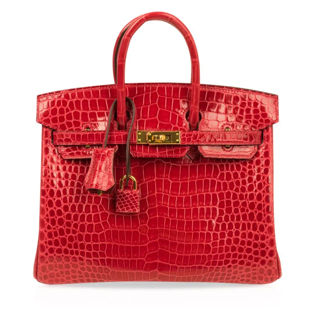 Birkin 25 Bag Red Braise Porosus Crocodile Gold Hardware Lipstick Red