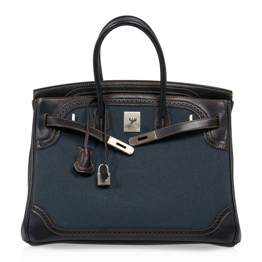 Birkin 35 Ghillies Denim Fonce Canvas / Black Evercalf Bag Limited Edition