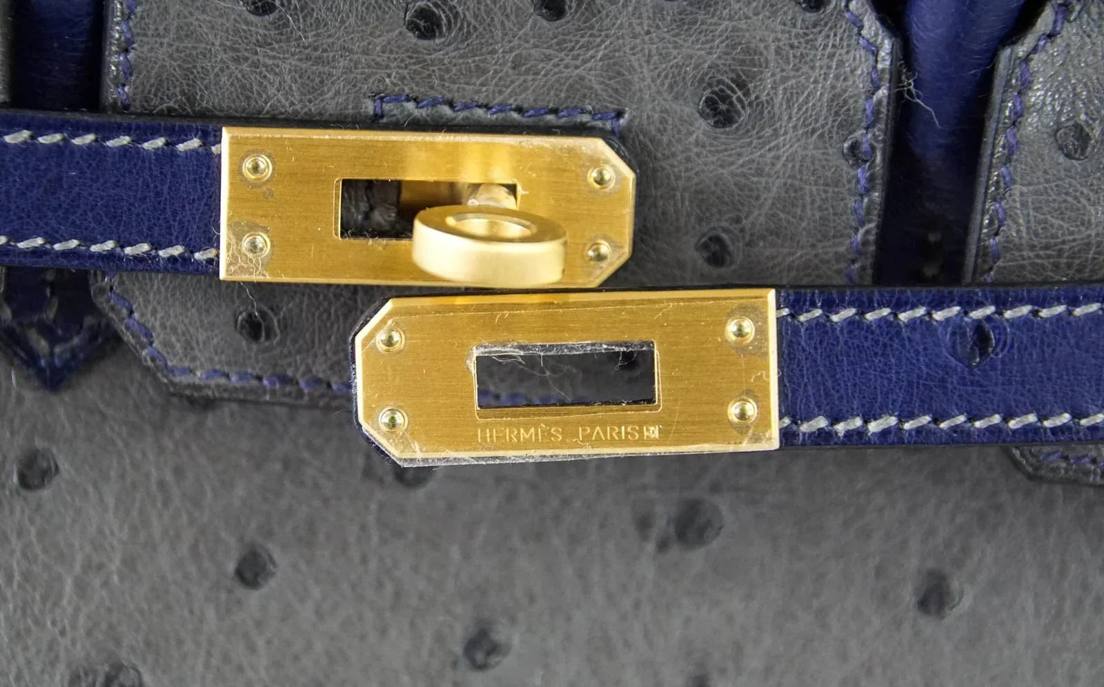 Birkin 25 Bag HSS Ostrich Gris Agate/Blue Sapphire Brushed Gold