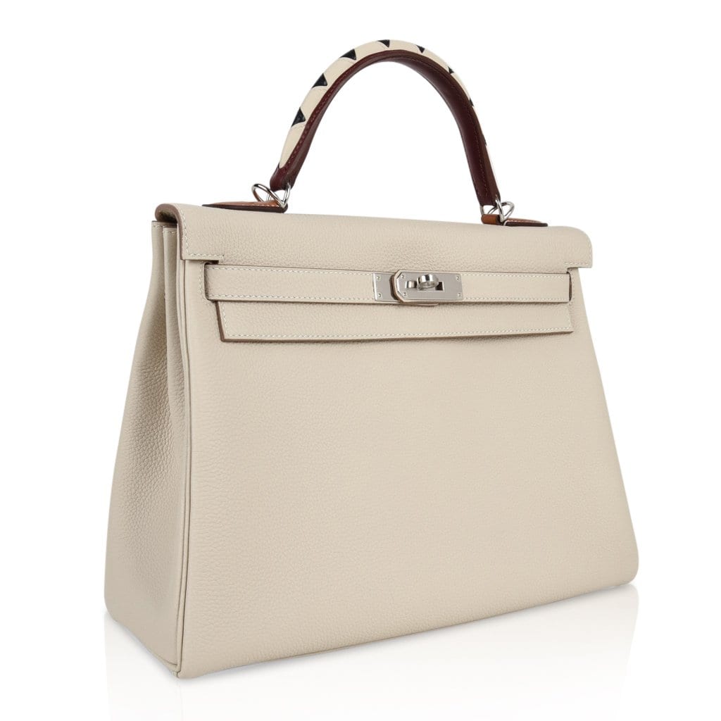 Limited Edition Kelly 32 Retourne Bag Au Galop Craie Togo Leather with Palladium Hardware