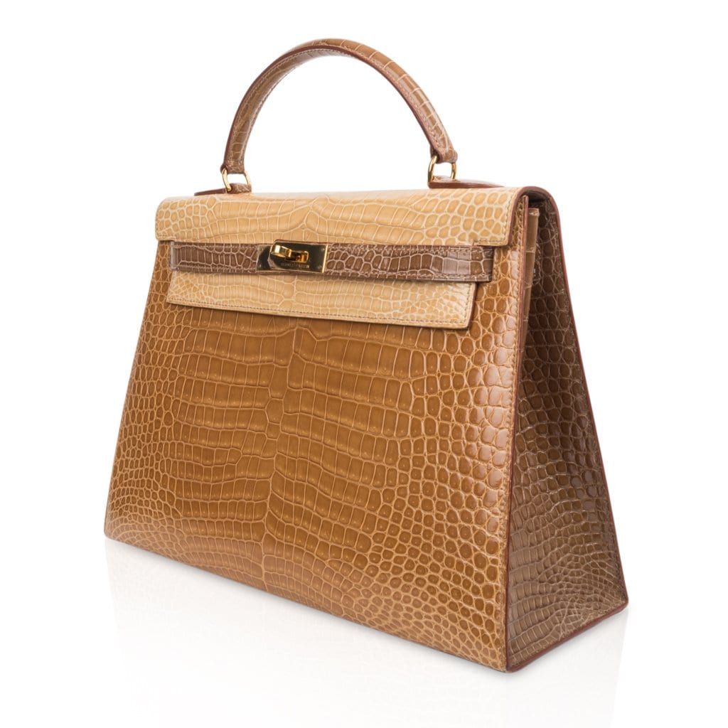 Limited Edition Tri-Color Kelly Sellier 32 Bag  Poussiere Poudre Ficelle Porosus Crocodile
