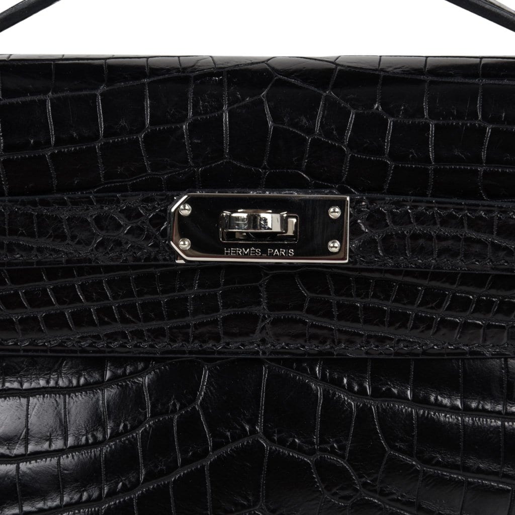 Kelly Pochette Bag Matte Black Crocodile Clutch Palladium