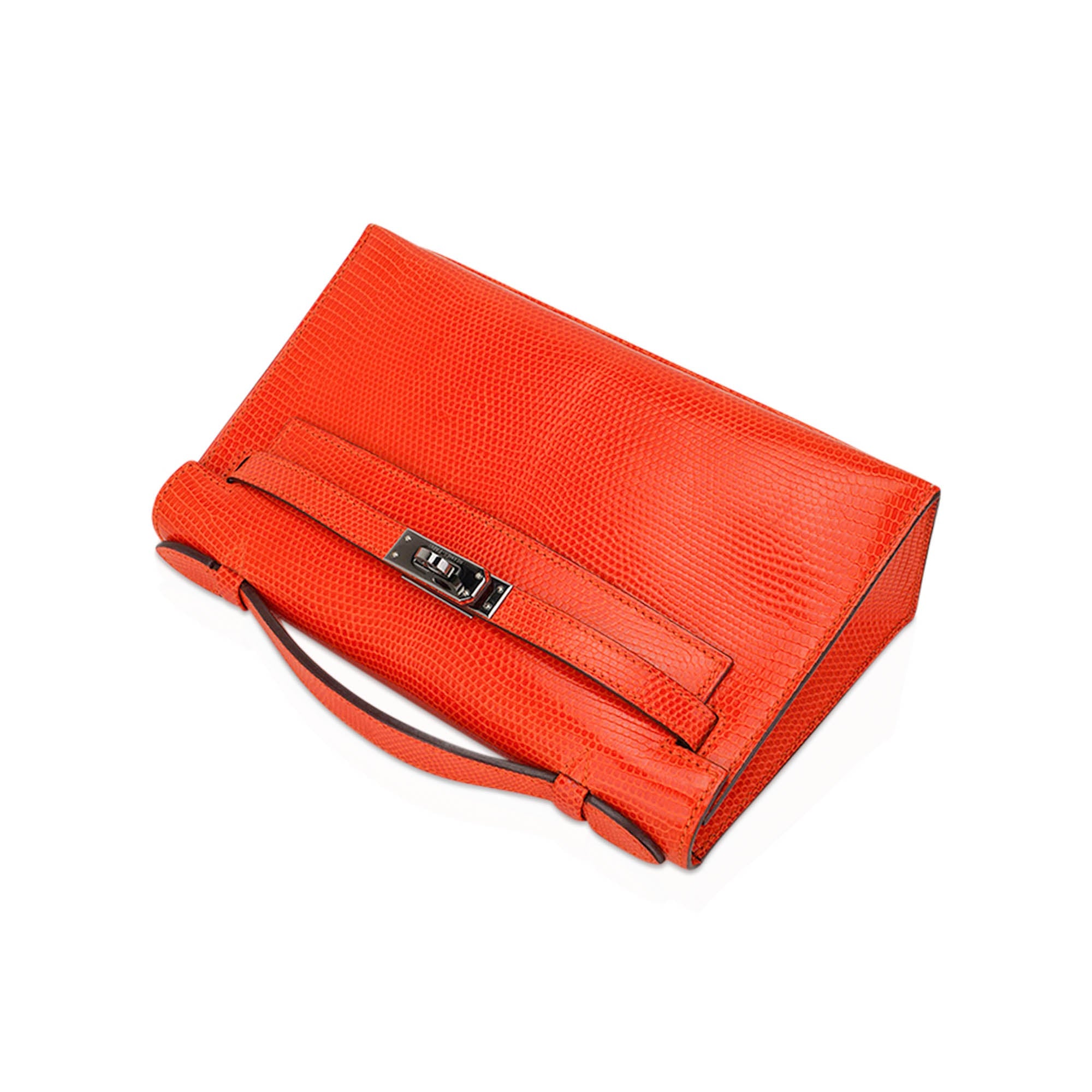 Kelly Pochette Clutch Bag Tangerine Lizard with Ruthinium Hardware