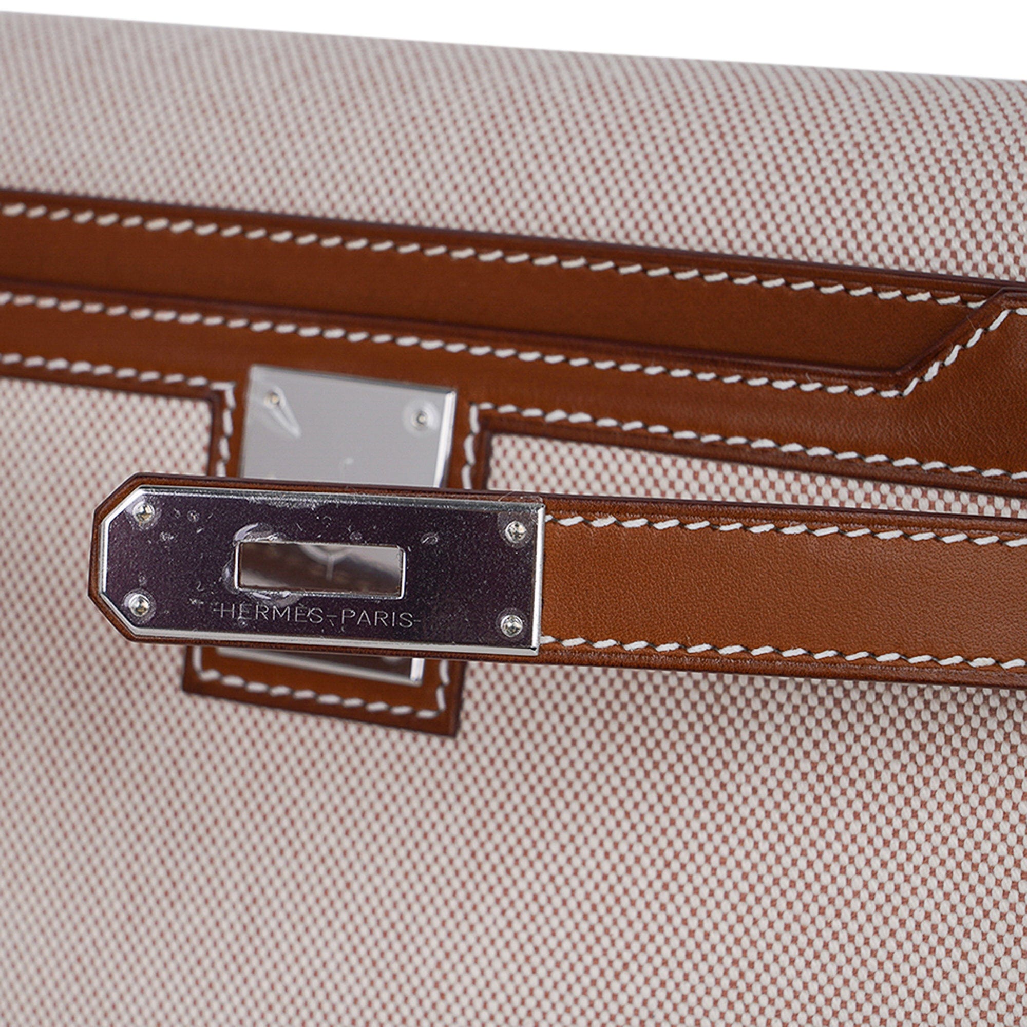 Kelly Depeches 25 Pouch Toile & Fauve Barenia Trim with Palladium Hardware